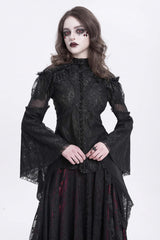 Black Stand Collar Long Trumpet Sleeves Embroidery Stitching Lace Women's Gothic Blouse - Black - 1