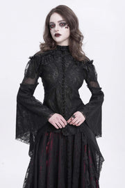 Black Stand Collar Long Trumpet Sleeves Embroidery Stitching Lace Women's Gothic Blouse - Black - 1