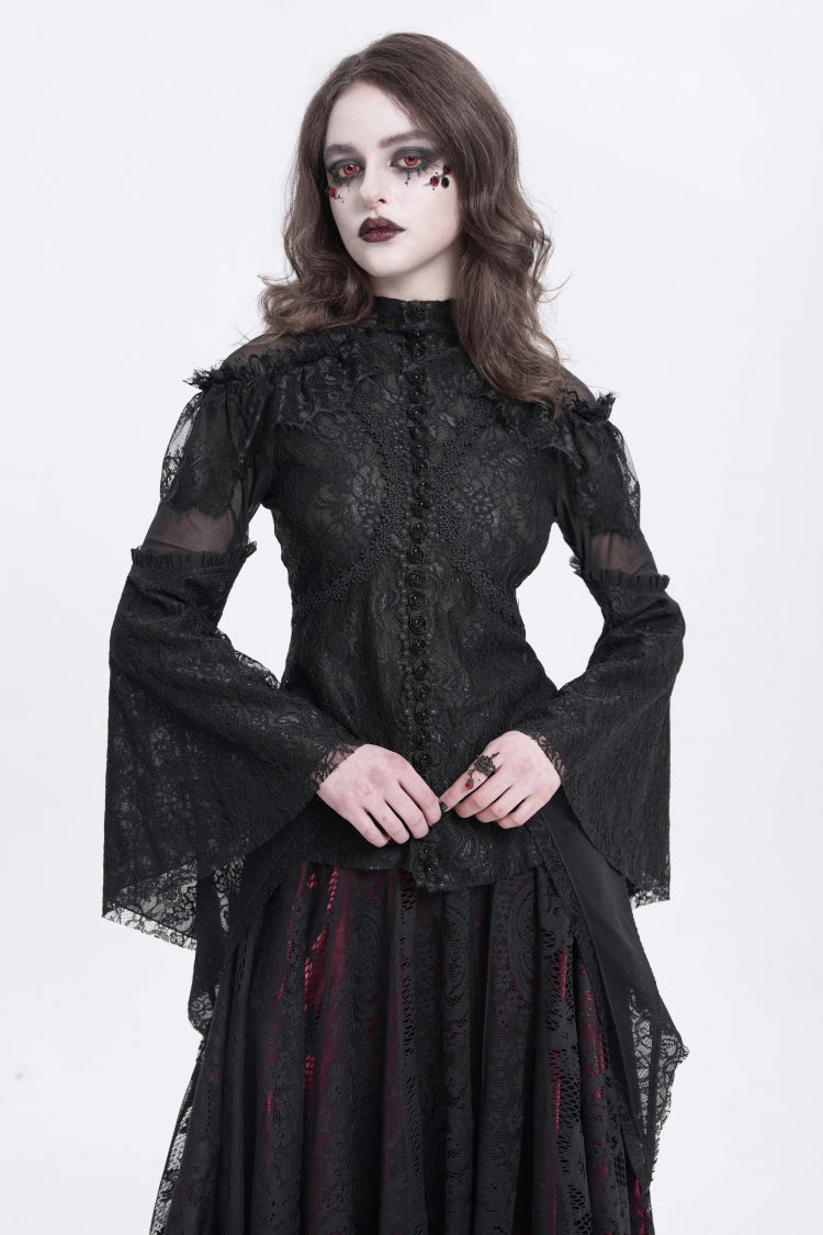 Black Stand Collar Long Trumpet Sleeves Embroidery Stitching Lace Women's Gothic Blouse - Black - 1