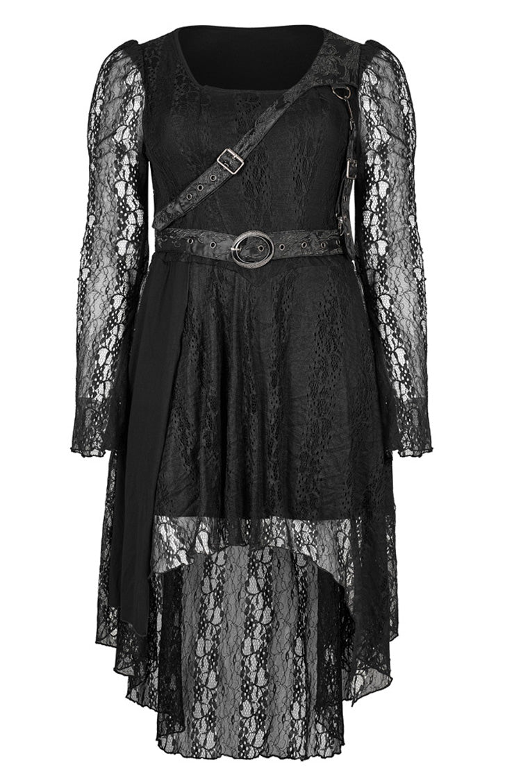 Black Elasticity Modal Cotton Fabric Patchwork Lace Metal Buckle Belt Long Hem Long Sleeve Women's Plus Size Gothic Dress - Product - 4