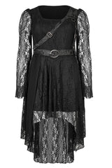 Black Elasticity Modal Cotton Fabric Patchwork Lace Metal Buckle Belt Long Hem Long Sleeve Women's Plus Size Gothic Dress - Product - 4