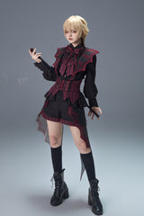 Black/Red [Demon Ritual] Stand Collar Long Lantern Sleeves Jacquard Embroidered Bow Gothic Prince Ouji Lolita Shorts Set - Product - 2