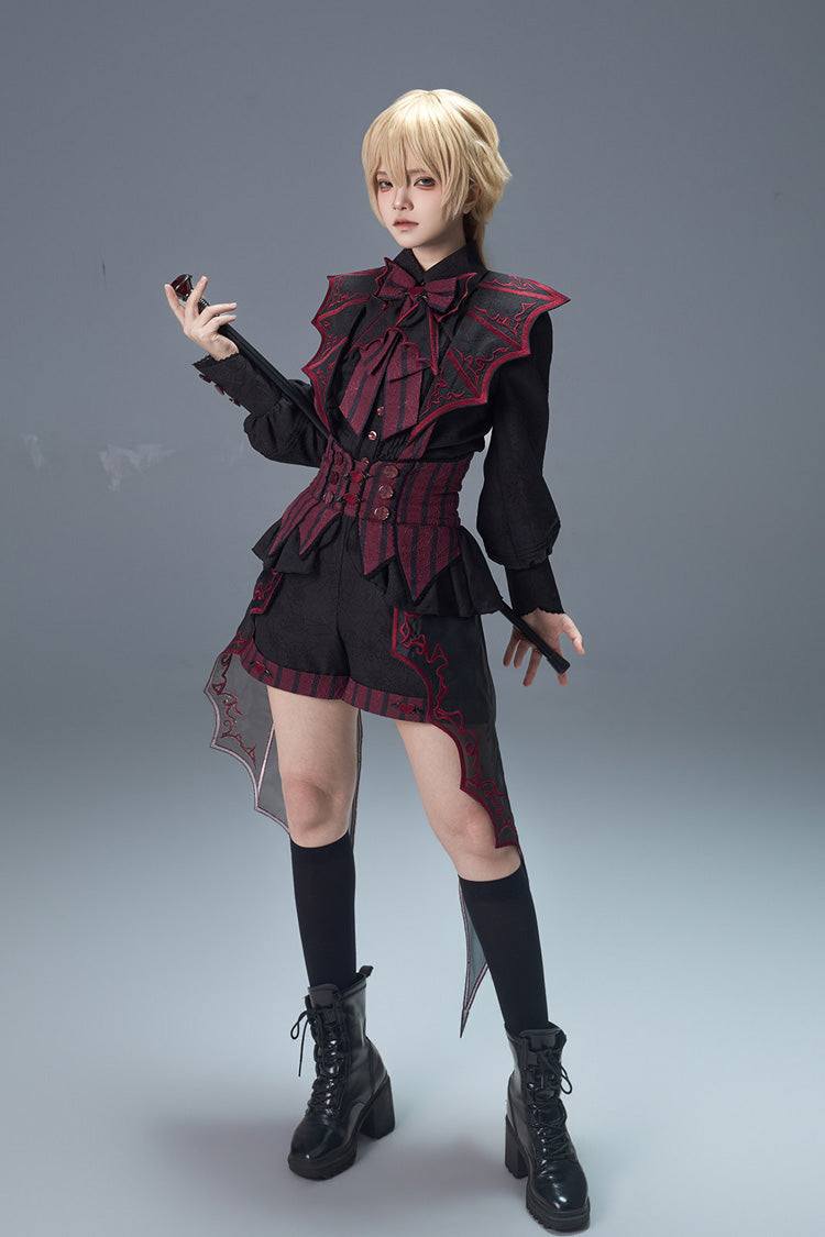 Black/Red [Demon Ritual] Stand Collar Long Lantern Sleeves Jacquard Embroidered Bow Gothic Prince Ouji Lolita Shorts Set - Product - 2