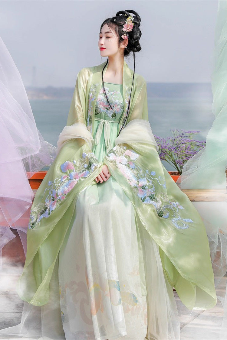 Green Tang Dynasty Long Trumpet Sleeves Print Embroidery Sweet Hanfu Dress - Product - 2