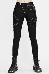 Black Punk Stretch Fitted Womens Pants With Zippper - Black - 1