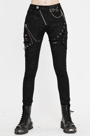 Black Punk Stretch Fitted Womens Pants With Zippper - Black - 1