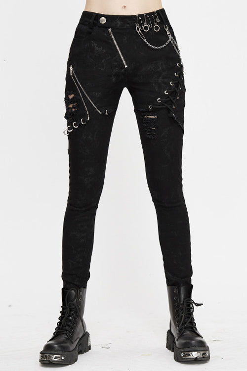 Black Punk Stretch Fitted Womens Pants With Zippper - Black - 1