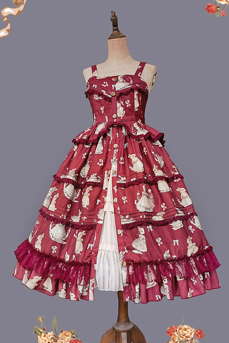 Miss Rabbit Dance Print Multi-layer Ruffle Sweet Elegant Lolita Jsk Dress 4 Colors - Product - 13