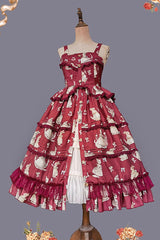 Miss Rabbit Dance Print Multi-layer Ruffle Sweet Elegant Lolita Jsk Dress 4 Colors - Product - 13