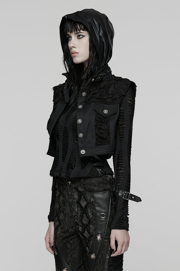 Black Stand Collar Sleeveless Ripped Buckle Women's Punk Short Vest - Product - 2
