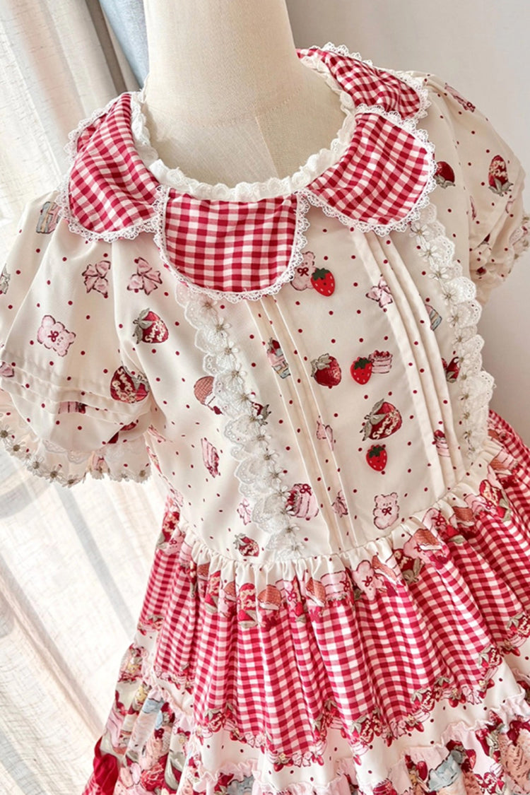 Red [Bear Strawberry Ode] Print Short Sleeves Double-Layered Ruffle Bowknot Sweet Princess Lolita Jsk Dress - Product - 7