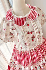 Red [Bear Strawberry Ode] Print Short Sleeves Double-Layered Ruffle Bowknot Sweet Princess Lolita Jsk Dress - Product - 7