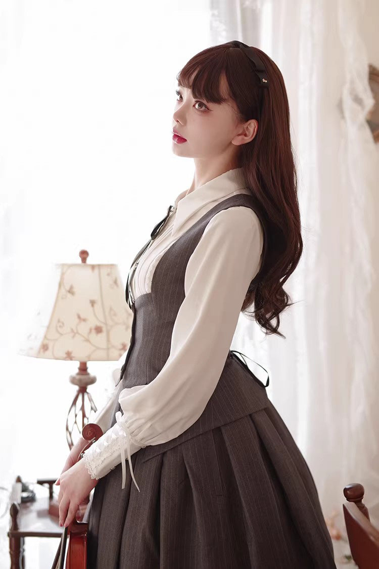 Grey [Griffin’s Pact] Striped Printed Ruffled Gothic Lolita Skirt Vest Set - Product - 4