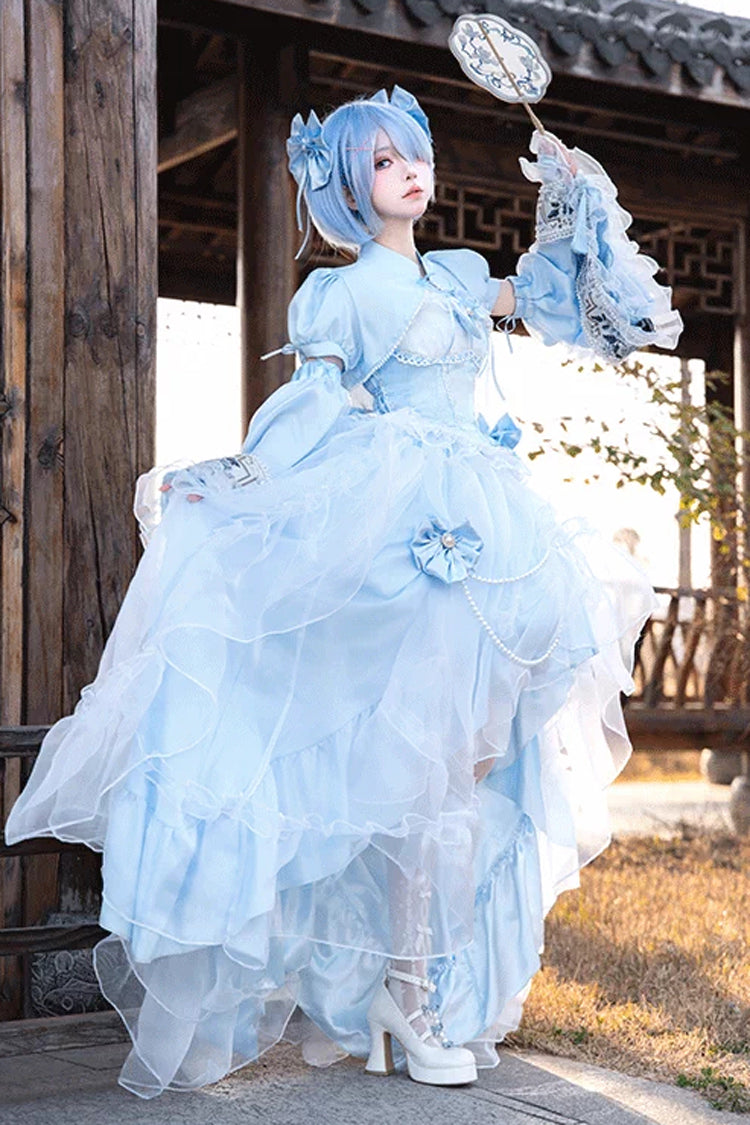 Blue/White Porcelain Printed Ruffled Bow Lace High-low Sweet Plus Size Lolita Jsk Dress(Long Version) - Product - 5