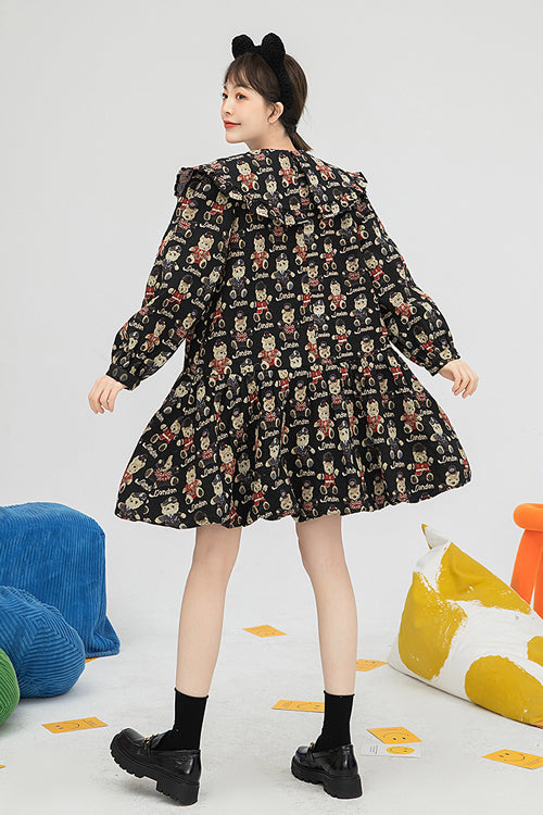 Black Doll Collar Bear Print Puff Sleeves Ruffled Sweet Lolita OP Dress - Product - 5