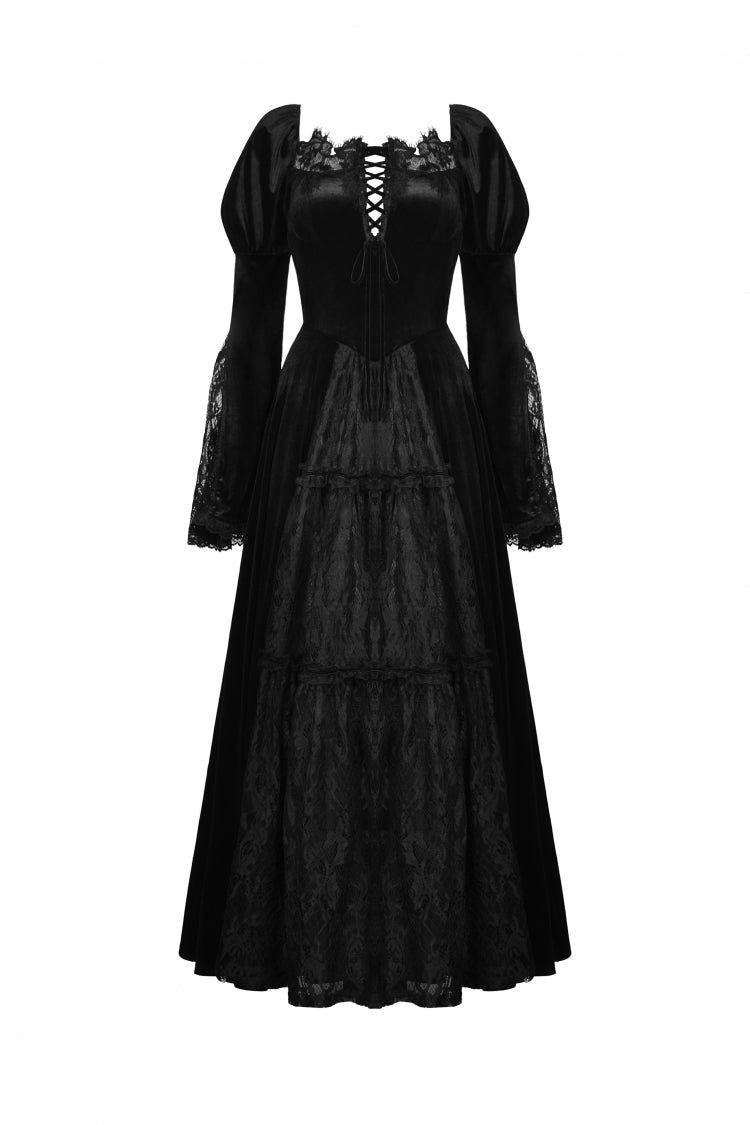 Black Long Puff Sleeves Spliced Lace Lace-Up Women's Gothic Vintage Velvet Wedding Dress - Product - 3
