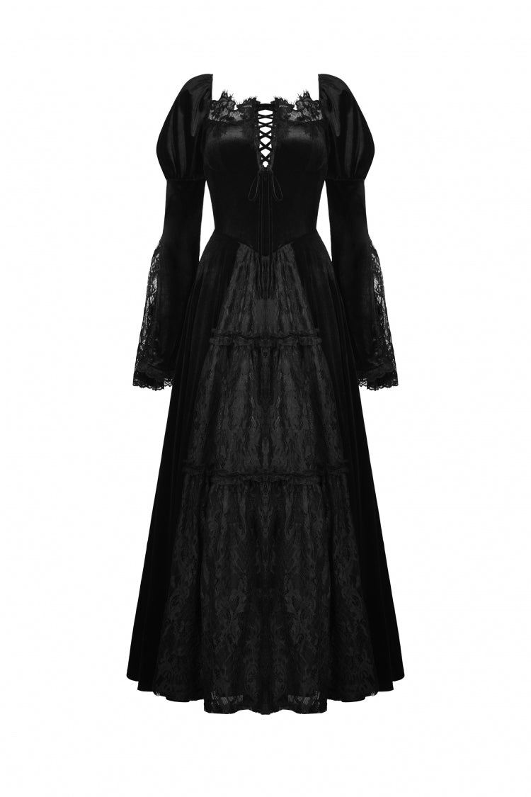 Black Long Puff Sleeves Spliced Lace Lace-Up Women's Gothic Vintage Velvet Wedding Dress - Product - 3