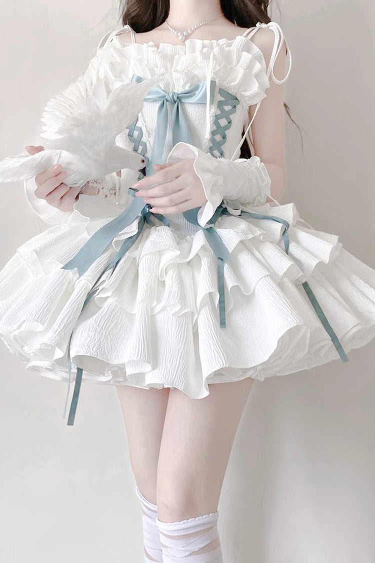 [Thousand Paper Cranes] Sleeveless Multi-Layered Ruffle Bowknot Lace-Up Fishbone Gothic Lolita Jsk Dress 4 Colors - Product - 6