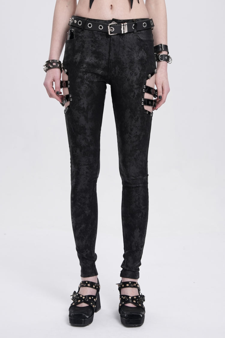 Black Print Cutout Buckle Women's Gothic Pants - Product - 2