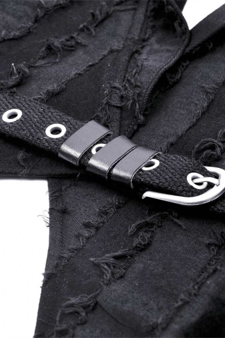 Black Peak Lapel Collar Long Sleeves Irregular Distressed Women's Gothic Punk Coat with Belt - Product - 13