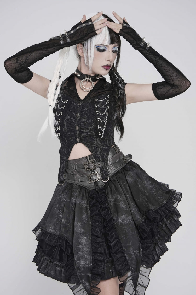 Black Off Shoulder Lace-Up Irregular Chain-Decorated Women's Punk Vest - Product - 9