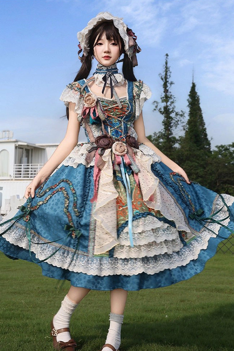 Blue [Lake Monet] Sleeveless High Waisted Print Ruffle Cardigan Bowknot Lace-Up Classic Vintage Elegant Princess Lolita Jsk Dress - Blue - 1