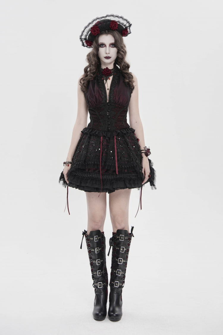 Black/Red Off Shoulder Double-Layered Embroidered Lace Lace-Up Slim Women's Gothic Vest - Black/Red - 1