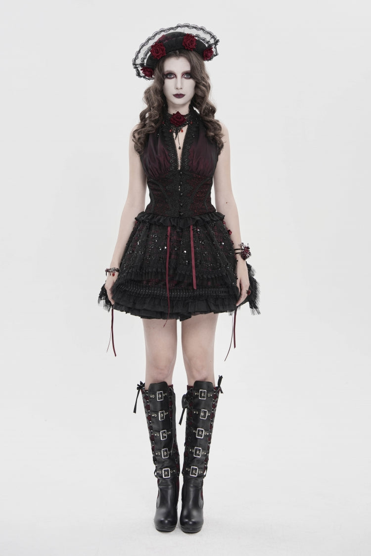 Black/Red Off Shoulder Double-Layered Embroidered Lace Lace-Up Slim Women's Gothic Vest - Black/Red - 1