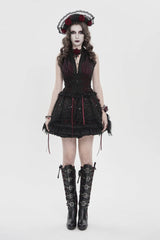 Black/Red Off Shoulder Double-Layered Embroidered Lace Lace-Up Slim Women's Gothic Vest - Black/Red - 1