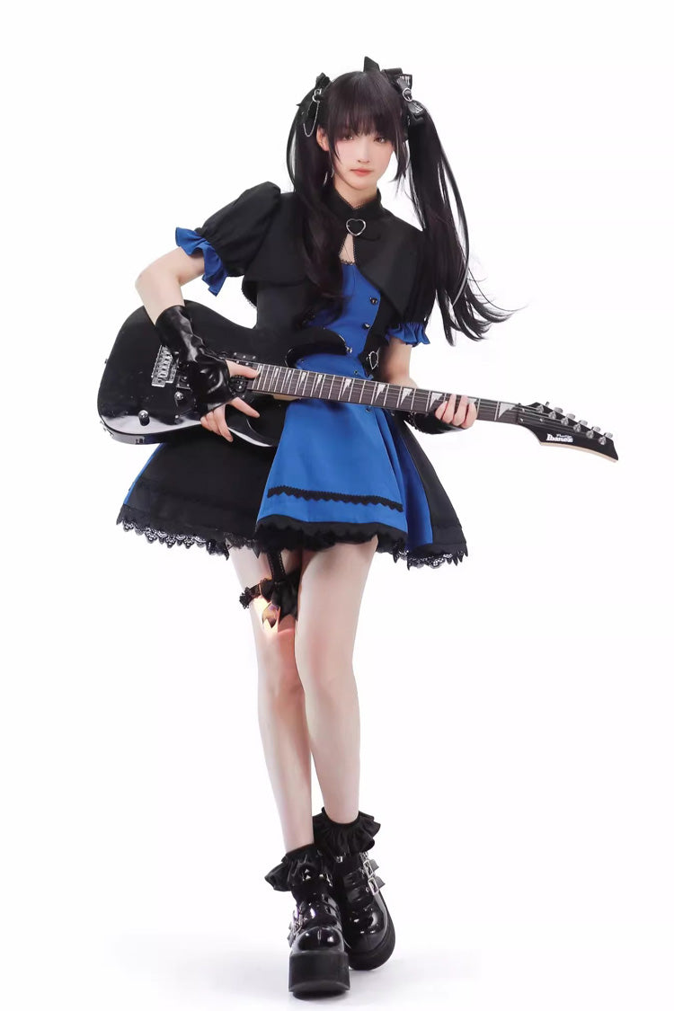 Black/Blue [Night Liana] Ruffle Bowknot Lace-Up Sweet Japanese Lolita Jumper Dress Set - Product - 12