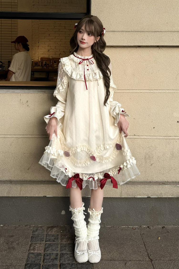Elfenbein-Erdbeer-Creme-Kuchen-Stehkragen, lange Ärmel, gerüschte Schleife, Spitze, süß (Kleid einzeln), Detailansicht 13