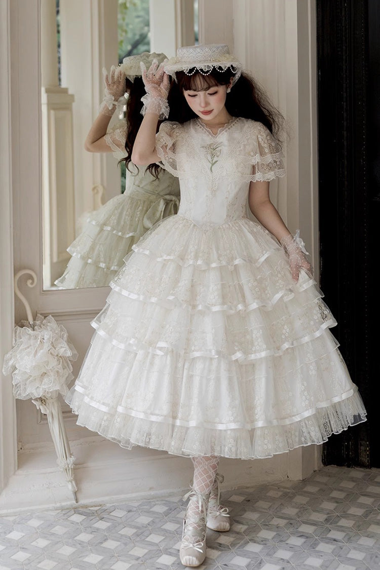 White [Morning Dew Lily] Short Sleeves Multi-Layered Ruffle Embroidery Sweet Elegant Lolita Dress - White - 1
