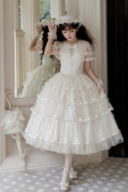 White Morning Dew Lily Short Sleeves Multi-Layered Ruffle Embroidery Sweet Elegant (Dress Only) front view