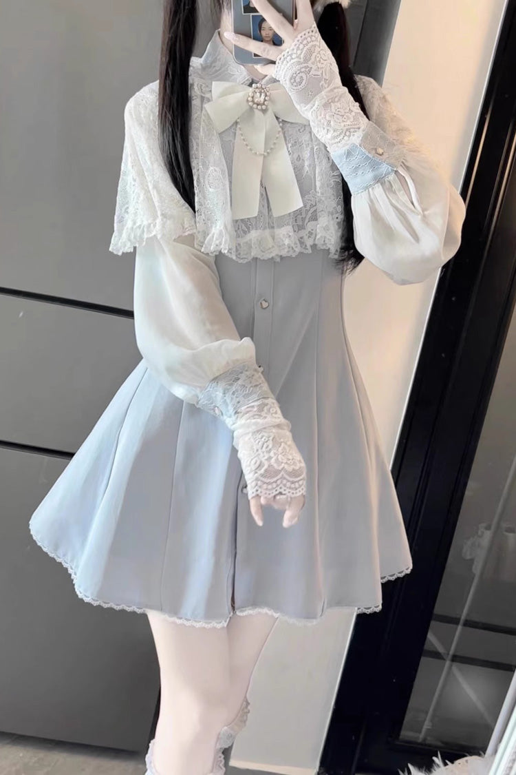 Aqua Shawl Lace Chiffon Long Sleeves Lace Slim Jirai Kei Dress - Aqua - 1