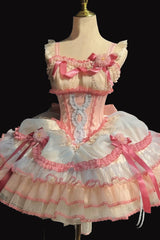 [Flowing Light Gift Box] Square Collar Sleeveless Multi-Layered Ruffled Bow Elegant Ballet Sweet Lolita Jsk Dress 6 Colors - Fruity-Color - 14