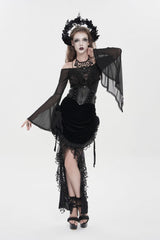 Black Embroidered Rose Lace-up Irregular Women's Gothic Hem Skirt - Product - 6