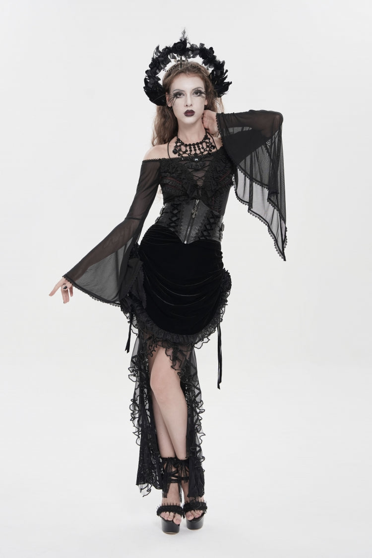 Black Embroidered Rose Lace-up Irregular Women's Gothic Hem Skirt - Product - 6
