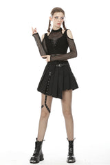 Black Off Shoulder Long Sleeves Lace-Up Chest Straps Sheer Mesh Women's Punk Top - Product - 5