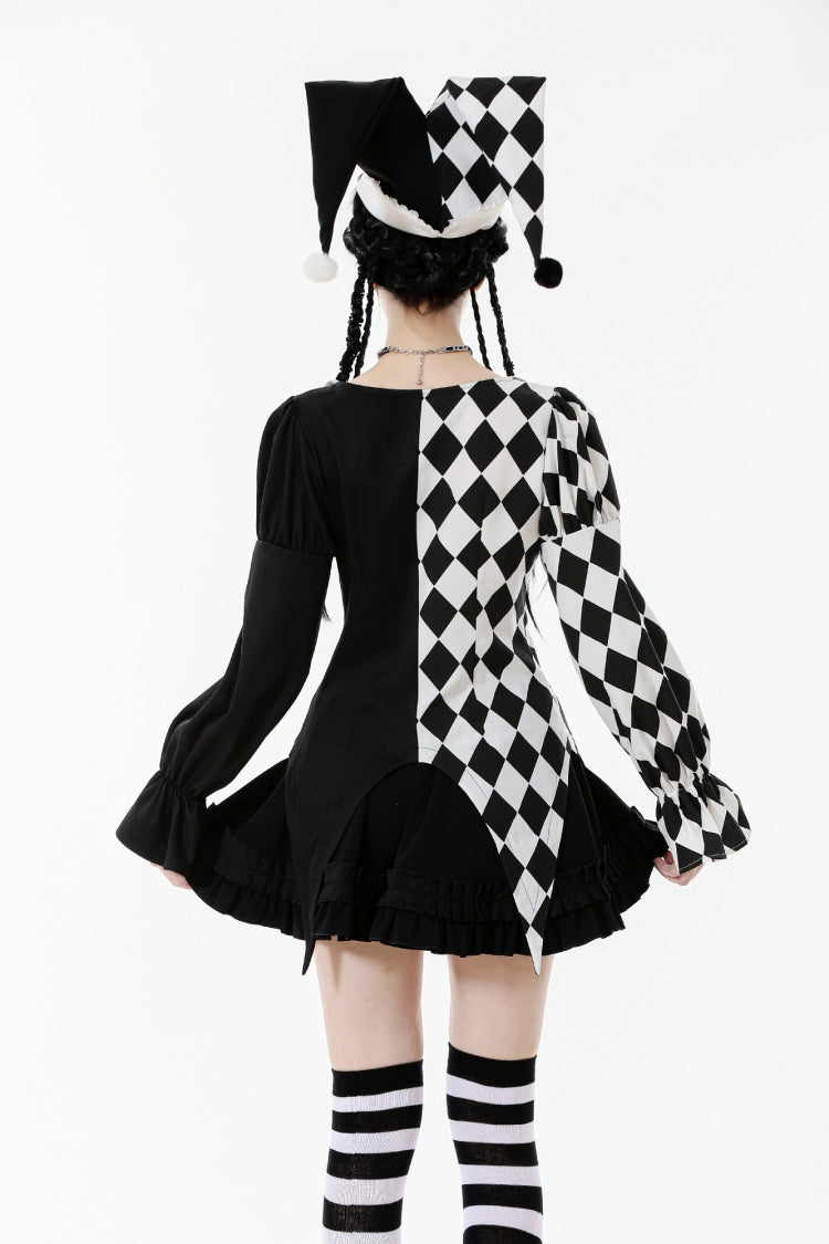 Black/White Harlequin Collar Diamond Pattern Color-Blocked Long Puff Flare Sleeves Women's Gothic Blouse - Product - 4