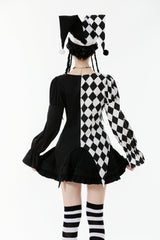 Black/White Harlequin Collar Diamond Pattern Color-Blocked Long Puff Flare Sleeves Women's Gothic Blouse - Product - 4