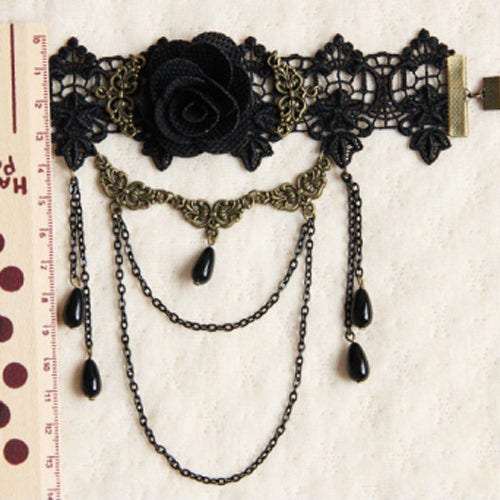 Black Vintage Bride Wedding Rose Flower Lace Pearl Metal Gothic Lolita Armband Bracelet - Product - 6