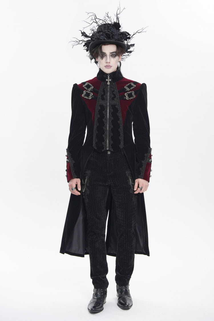 Black Stand Collar Long Sleeves Embroidered Color-Blocked Buckled Zippered Men's Gothic Palace Jacket - Product - 1