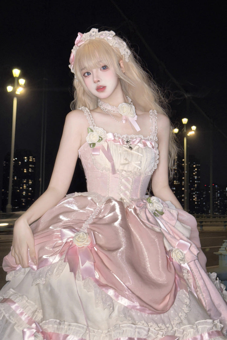 Apricot/Pink Multi-layer Ruffle Hanayome Bowknot Sweet Princess Gorgeous Long Lolita Jsk Dress - Product - 7