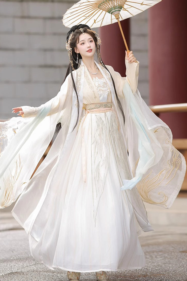 Beige Long Sleeves High Waisted Jacquard Print Embroidery Women's Sweet Hanfu Dress Full Set - Product - 2