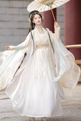 Beige Long Sleeves High Waisted Jacquard Print Embroidery Women's Sweet Hanfu Dress Full Set - Product - 2