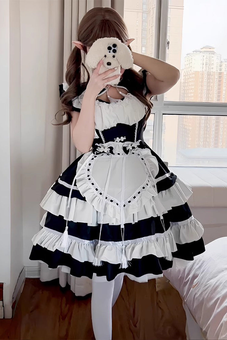 Black/White Love Double-Layered Ruffle Bowknot Sweet Plus Size Chinese Style Lolita Dress Full Set - Black/White - 1