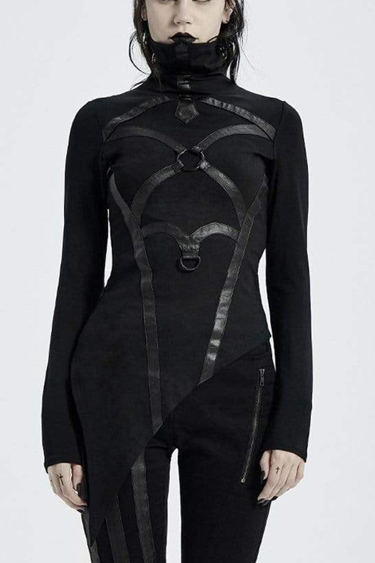Black High Collar Long Sleeve Front Metal Ring Woven Tape Decoration Irregular Hem Women's Punk T-Shirt - Black - 1
