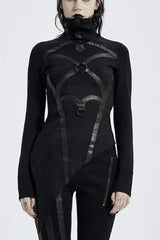 Black High Collar Long Sleeve Front Metal Ring Woven Tape Decoration Irregular Hem Women's Punk T-Shirt - Black - 1
