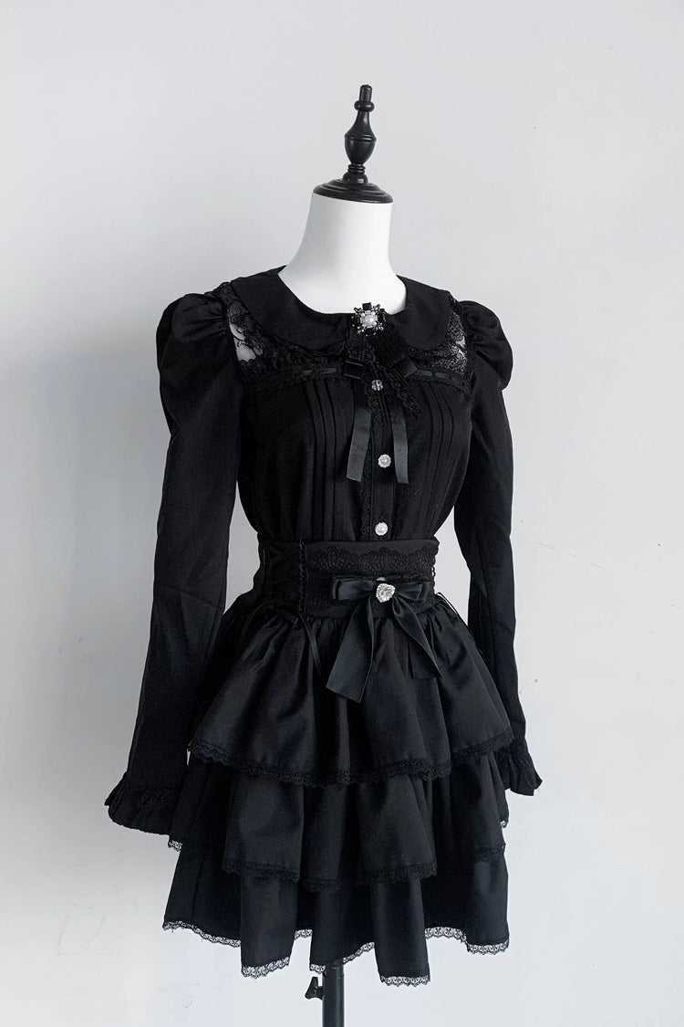 Jirai Kei Doll Collar Long Sleeves Triple-Layered Ruffled Bow Lace Japanese Skirt Blouse Set 2 Colors - Product - 8