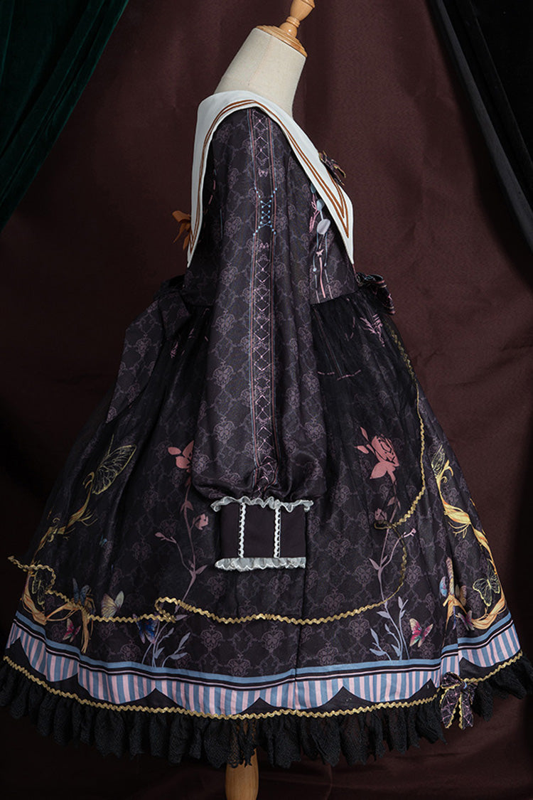 Black Navy Collar Long Sleeves Butterfly Print Ruffle Bowknot Gothic Elegant Princess Lolita Dress - Product - 8